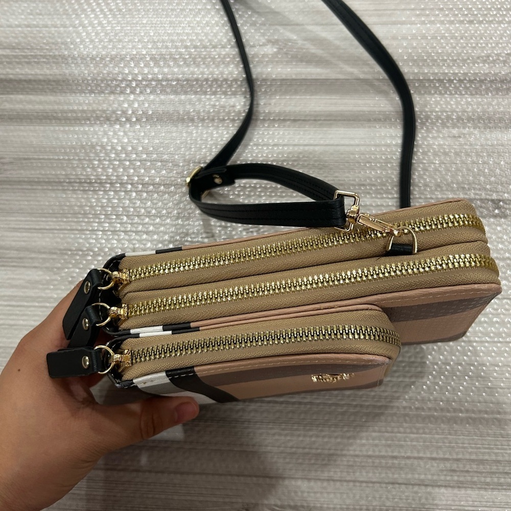 Bee Square Brown Striped Crossbody bag Multiple zip pockets - Picture 5 of 11